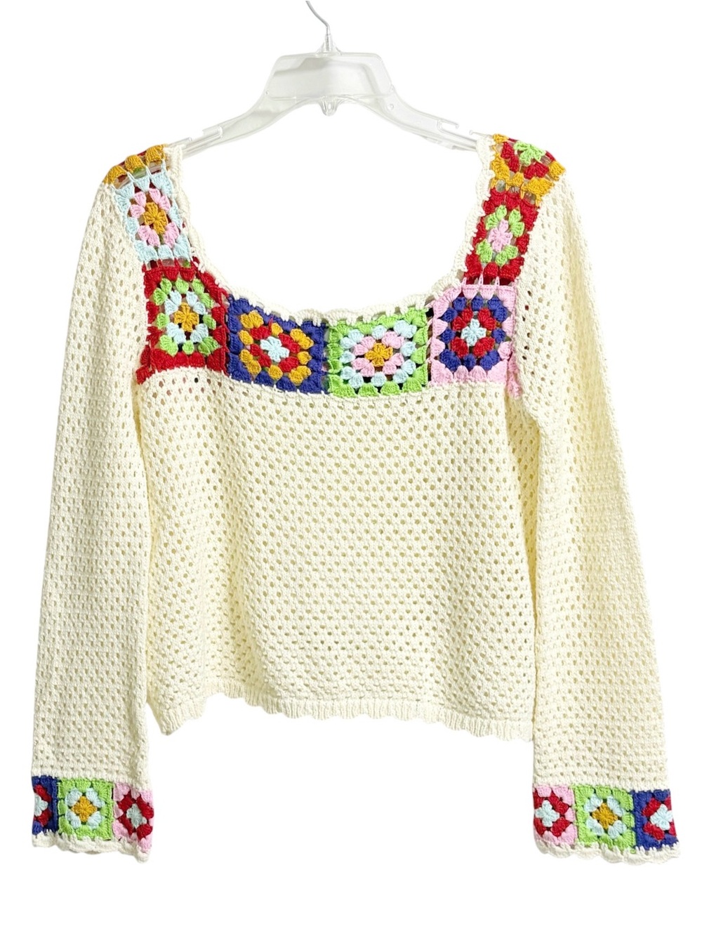 Revolve Callahan Magda Boho Granny Square Crochet Sweater S Cream Concert Crop